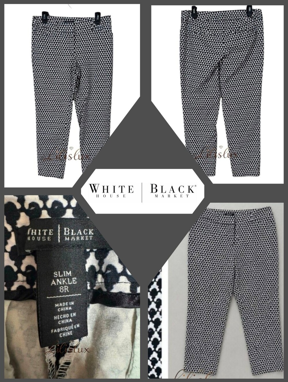 White House Black Market Size 8R Slim Ankle Black And White Patterned Pants EUC